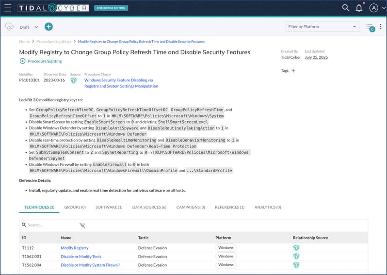 Tidal Cyber Knowledge Base showing Procedure Sightings copy